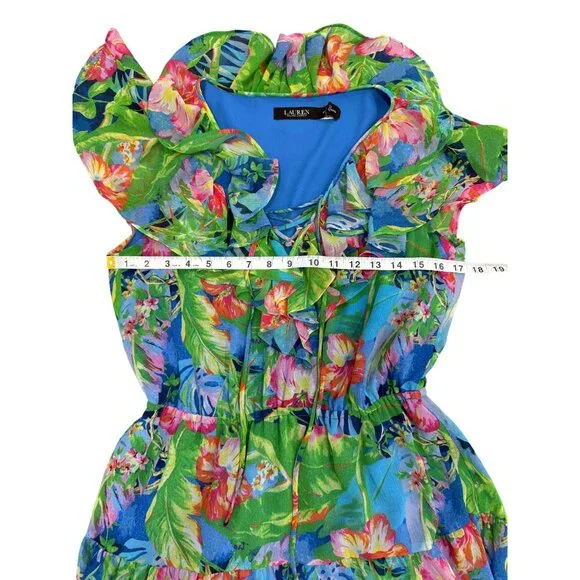 Lauren Ralph Lauren Black Label Georgette Tiered Dress Tropical Size 6 Petite - Picture 6 of 9
